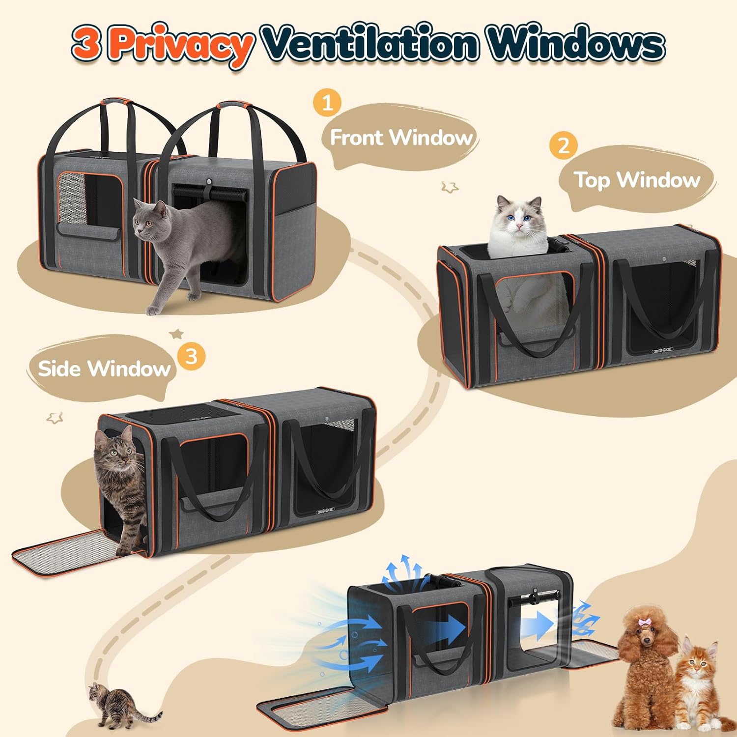 Cat Carrier Bag Large for Travel: 2-in-1 Cat Carrier Soft with Litter Box 34x13x16in Secure The Car Seat for 2 Cats Travelling Design Long Trips Ride