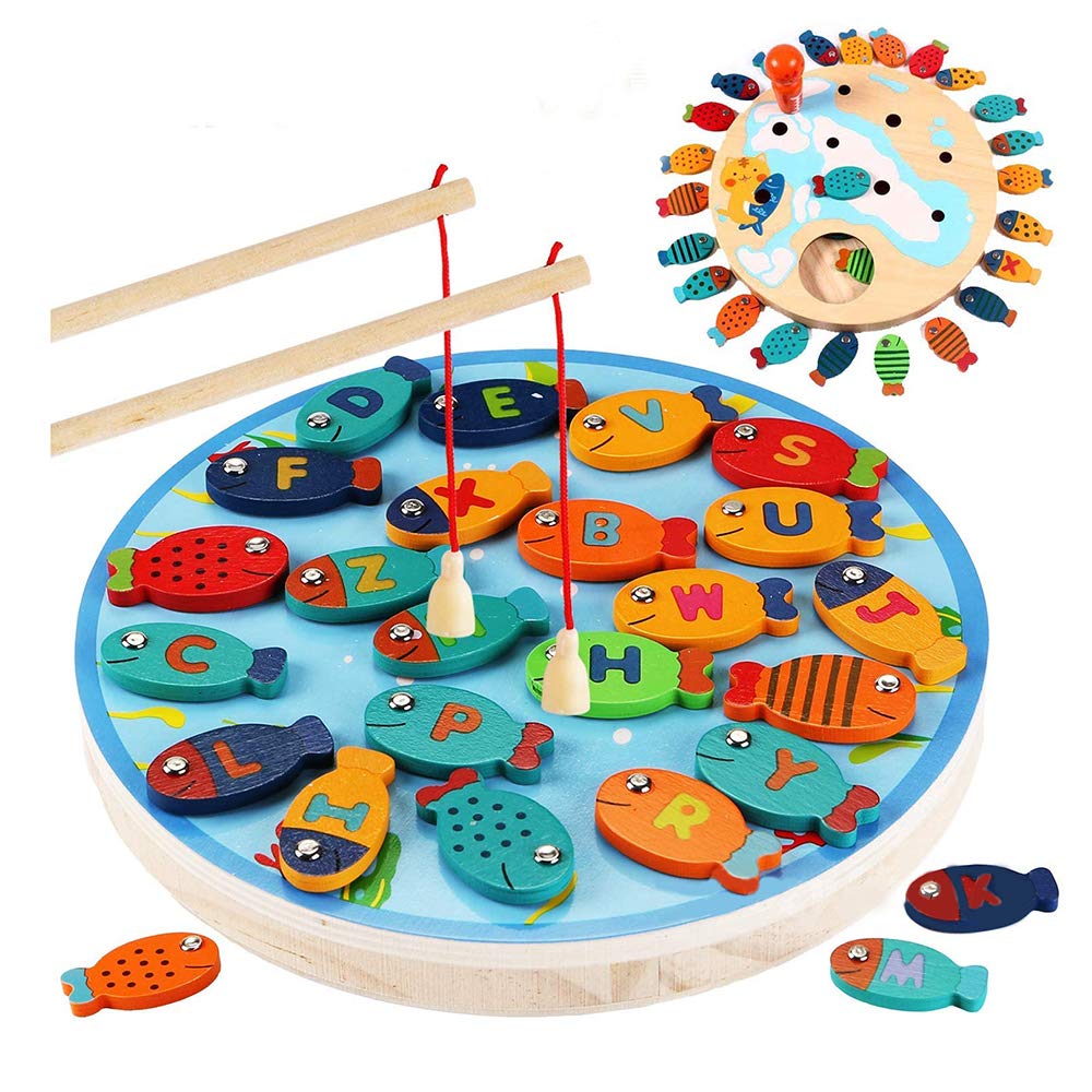 SAPU Magnetic Wooden Fishing Game Toy for Toddlers - Alphabet Fish Catching Counting Preschool Board Games Toys for 3 4 5 Year Old Girl Boy Kids Birthday Learning Education Math with Magnet Poles