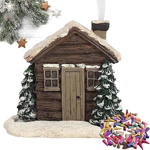 Cessfle Quemador de incienso de cabaña de troncos de Navidad, quemador de incienso de invierno nevado de Navidad con 62 conos de incienso, chimenea