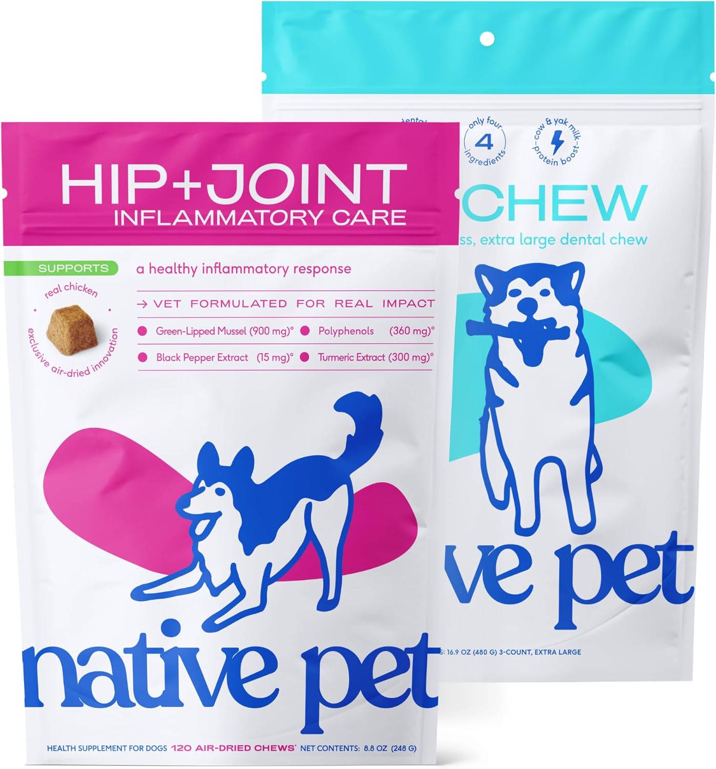 Native Pet Anxiety & Joint Relief Bundle: Relief Chews for Dogs (120 Air-Dried Chews) Yak Chews for Dogs (3 XL Chews) - Anti-Inflammatory for Strong Joints & Natural Anxiety Relief with Melatonin
