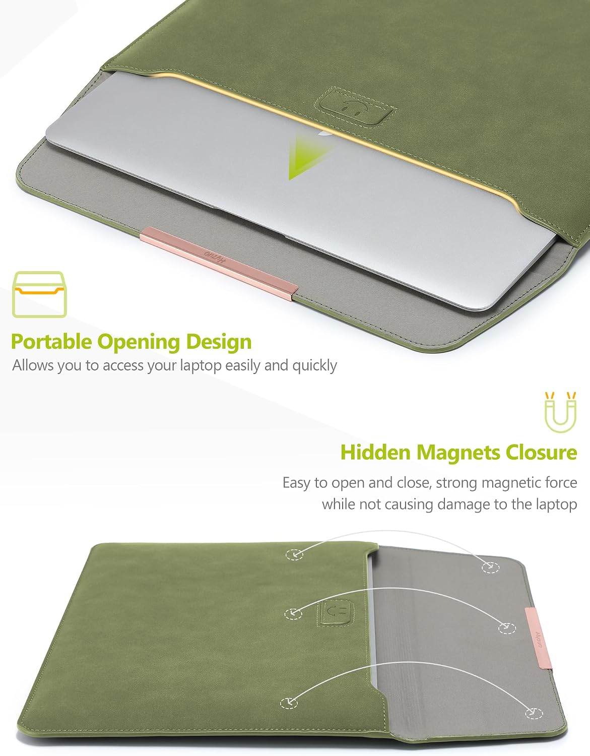 HYZUO 15 Inch Laptop Sleeve Bag Case with Stand Feature for MacBook Air 15 M5 A3448 M4 A3241 M3 A3114 M2 A2941 2026-2023, MacBook Pro 15, 15" Surface Laptop 7/6/5/4/3, Olive Green(Smiley)