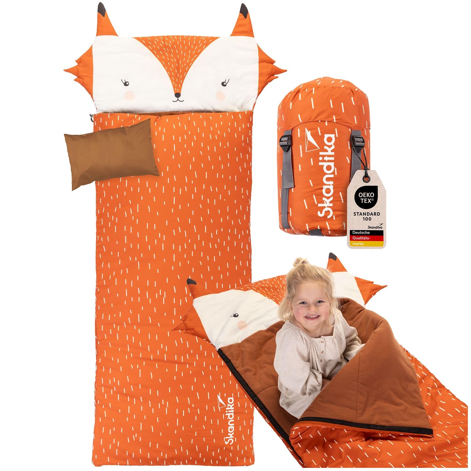 Skandika Kinderschlafsack Soti | Camping Schlafsack für Kinder bis 150 cm, buntes Design mit Tiermotiv, Kopfkissen, Baumwolle, maschinenwaschbar, atmungsaktiv