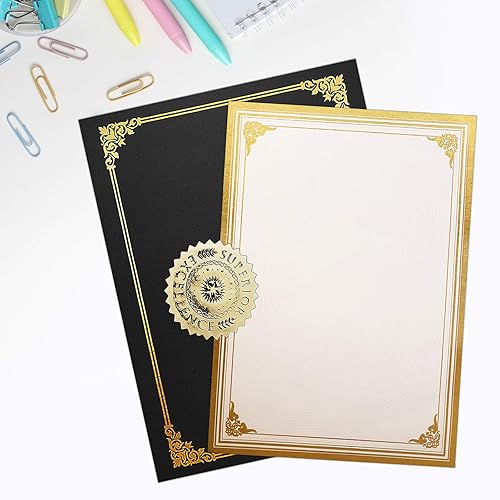 Vista 2 de SUNEE Kit de certificado de 75 piezas, incluye 25 soportes negros para certificados y 25 papeles de certificado de tamaño carta y 25 sellos