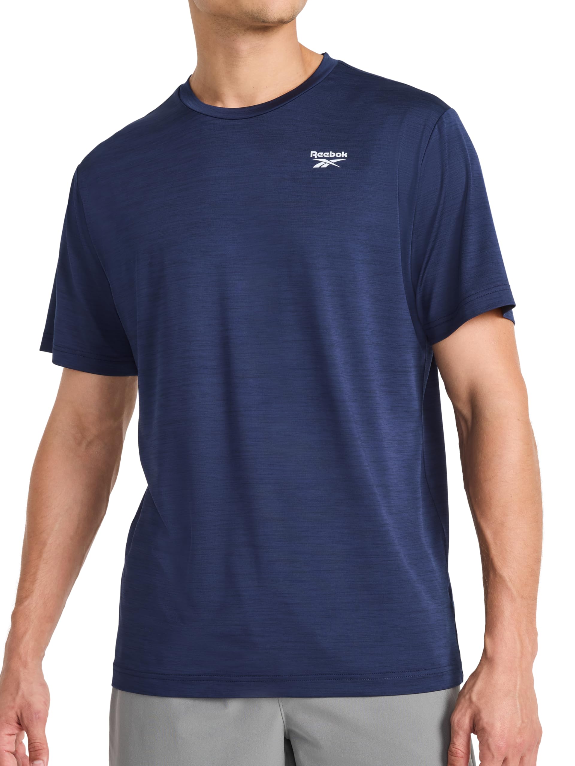 Reebok Men's Reflective Small Logo Crewneck T-Shirt, Standard Fit, Lightweight Cool Touch Jersey Fabric Large Vector Navy Heather - Showdown