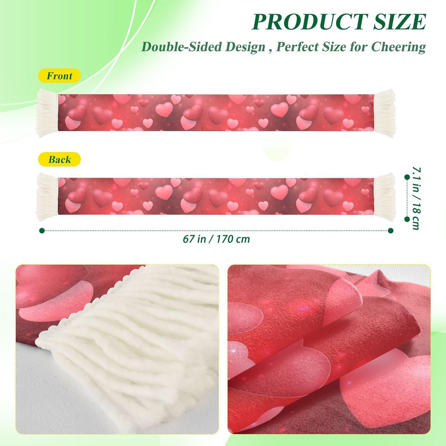 CHIFIGNO Pink Red Hearts Sports Fan Scarf Towel, Soft Polyester Sweat Wipe Cheering Scarf for Soccer Football Games, Quick Dry