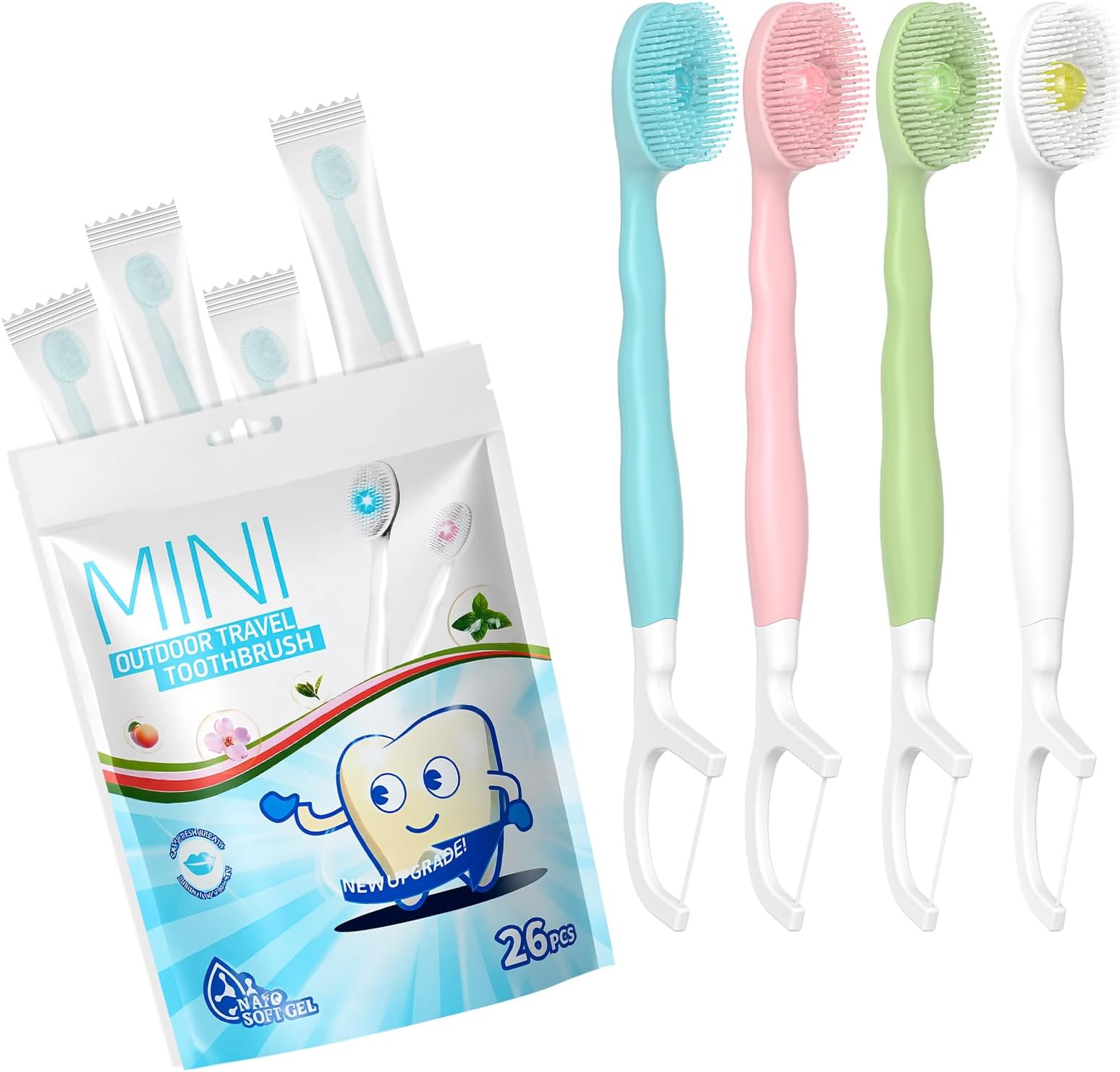 Mini Brushes-Disposable Toothbrushes with Toothpaste + Tongue Scraper + Picks+Floss Pick 5 in 1 Individually Wrapped for Work or Travel 26 Count (Mixed Flavors)