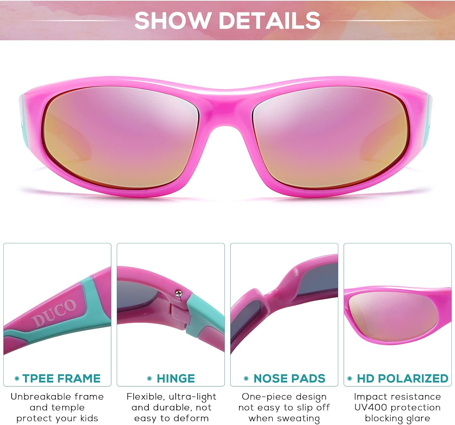 DUCO Sports Polarized Kids Sunglasses Boys Girls Unbreakable Youth Baseball Shades UV400 Protection Age 6-10 K001