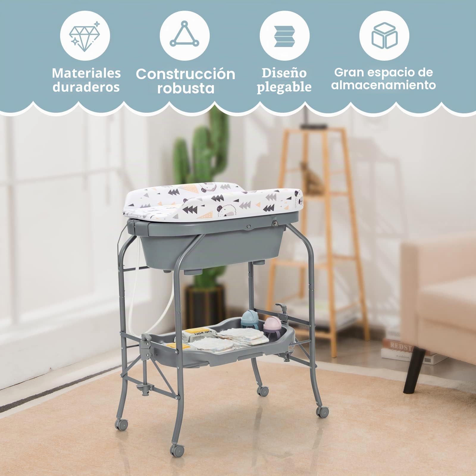 GOPLUS 4 en 1 Cambiador con Bañera, Cambiador de Pañales Plegable y Portátil con Bandeja de Almacenamiento y 4 Ruedas Universales con Frenos, para Bebés de 0-12 Meses, Carga hasta 35 kg (Gris)