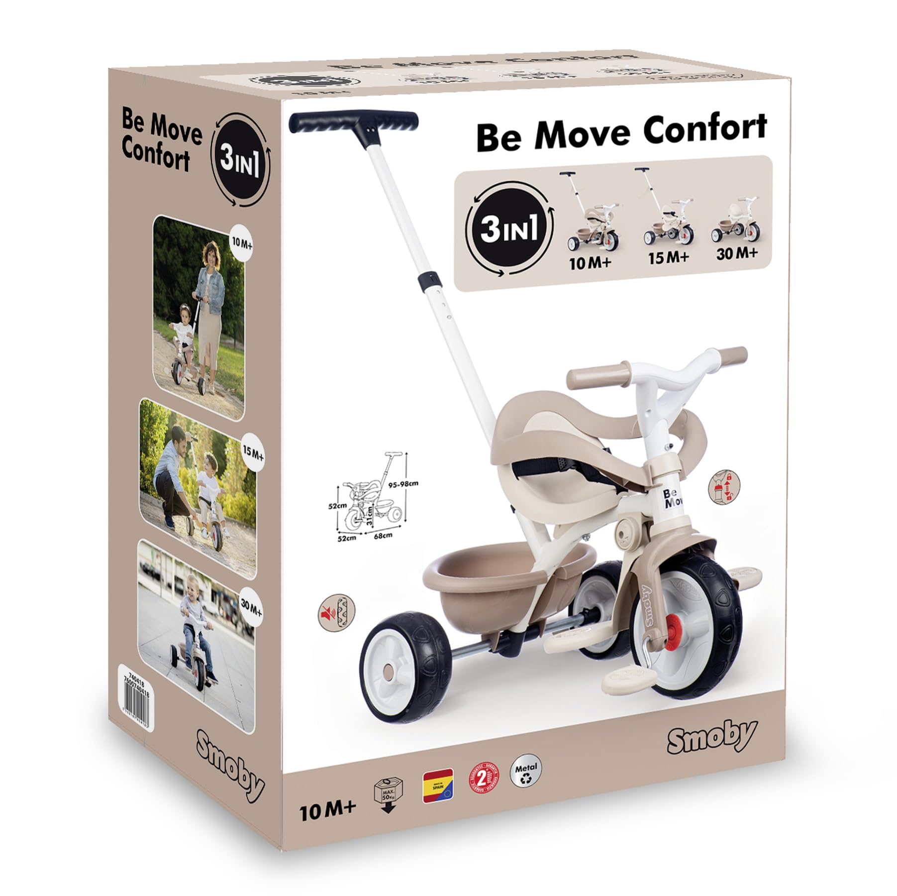 Smoby Triciclo Be Move Confort Beige - Evolutivo 3 en 1, Marco Metálico, Protección Rueda Libre, Barra de Empuje, Asiento Ajustable, Cinturón y Barra de Seguridad, Desde 10 Meses (7600740418)