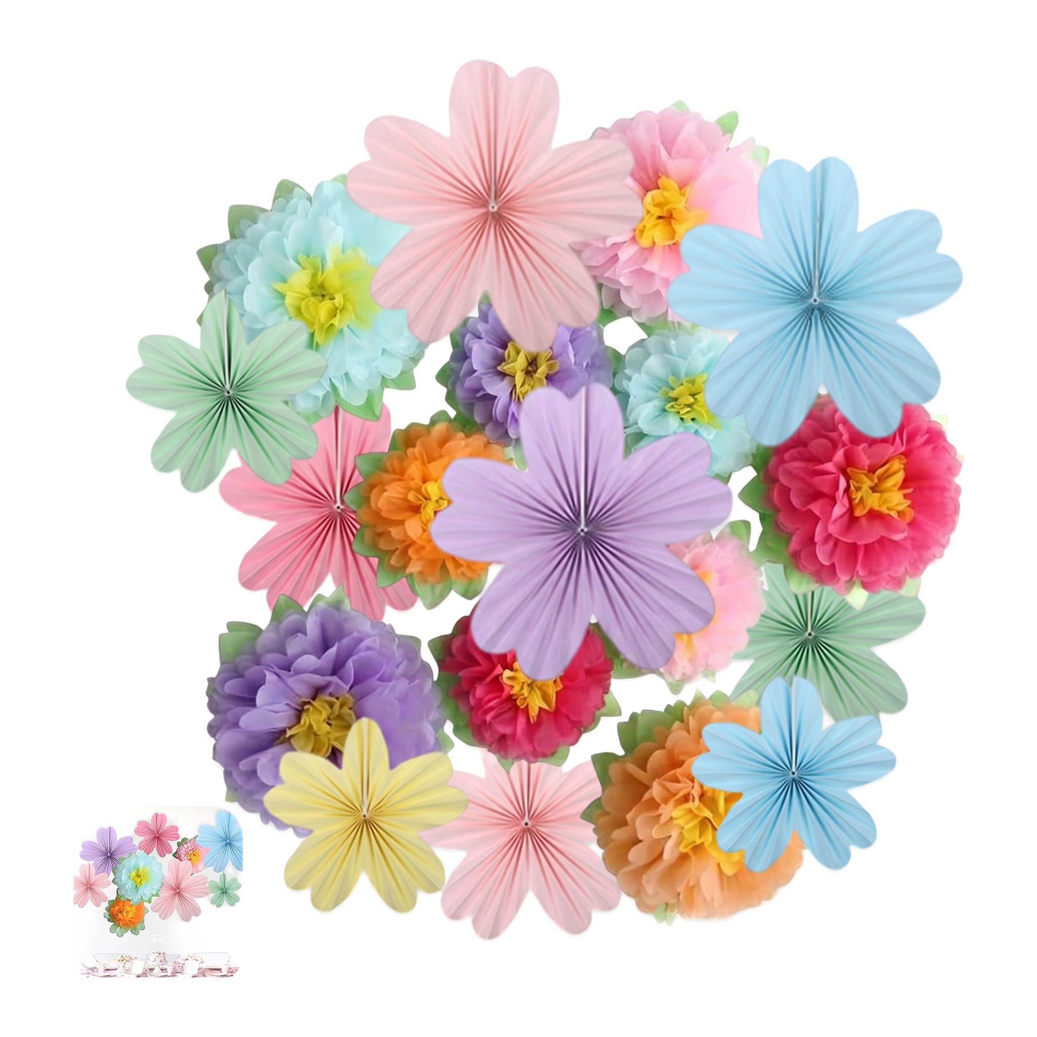 Pompons Deko Set, 19 Stück Papierblumen & Papierfächer Deko für Geburtstag Mädchen Hochzeit Gartenparty Tischdeko & Partyhintergrund
