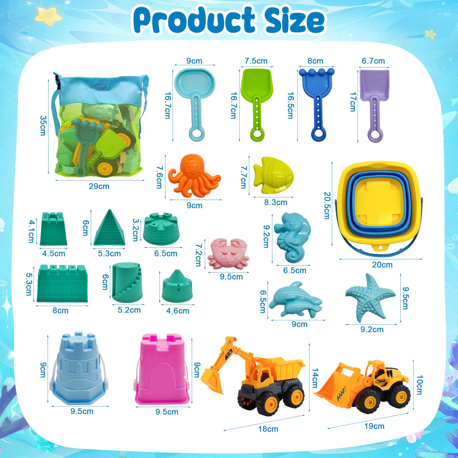 Qingning Juguetes Playa Juguetes de Arena para Niños- 22 Piezas, Juguetes para la Arena con Cubo Plegable, Excavadora, Bulldozer, Pala y Moldes, Bolsa de Malla, Kit de Juegos de Playa al Aire Libre