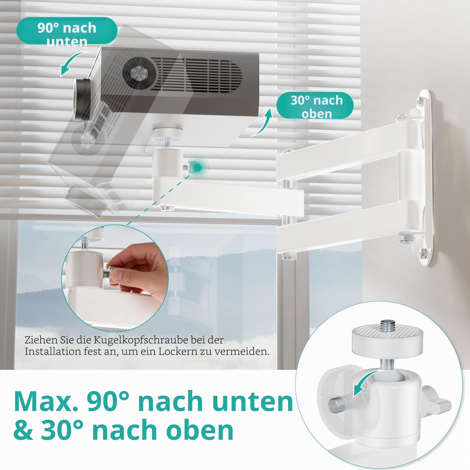 WALI Faltbare Projektor-Wandhalterung, universal, verstellbar, Aluminiumlegierung, Projektorständer, 6,35 mm M4 M6 Schraubengröße, (1330LM-PMW), Weiß