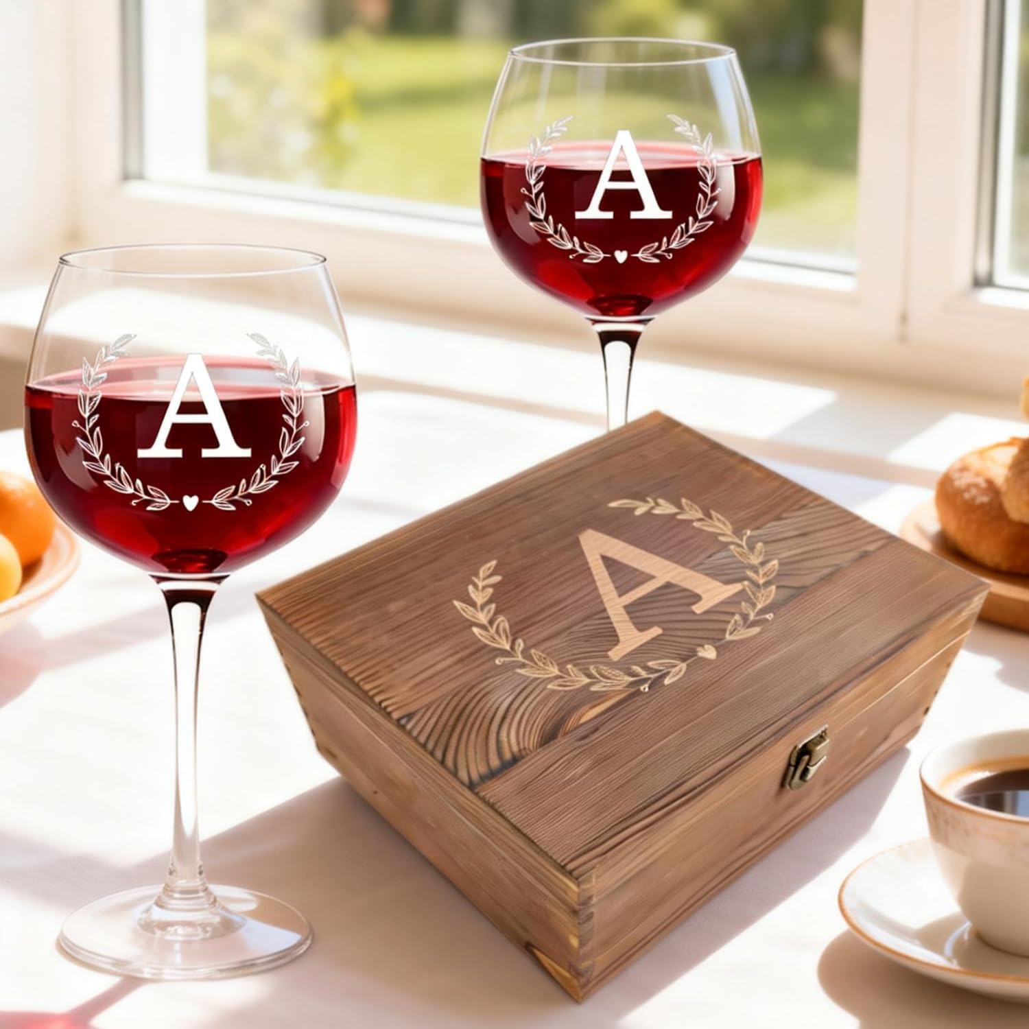 GZLDGIFTS Personalized Initial Wine Glasses Box Gift Set For Women Mom Engraved Birthday Monogrammed Wooden Christmas Gifts Wedding Anniversary Wine Couples Stopper Opener Initial Letterr (A Set) - Image 2
