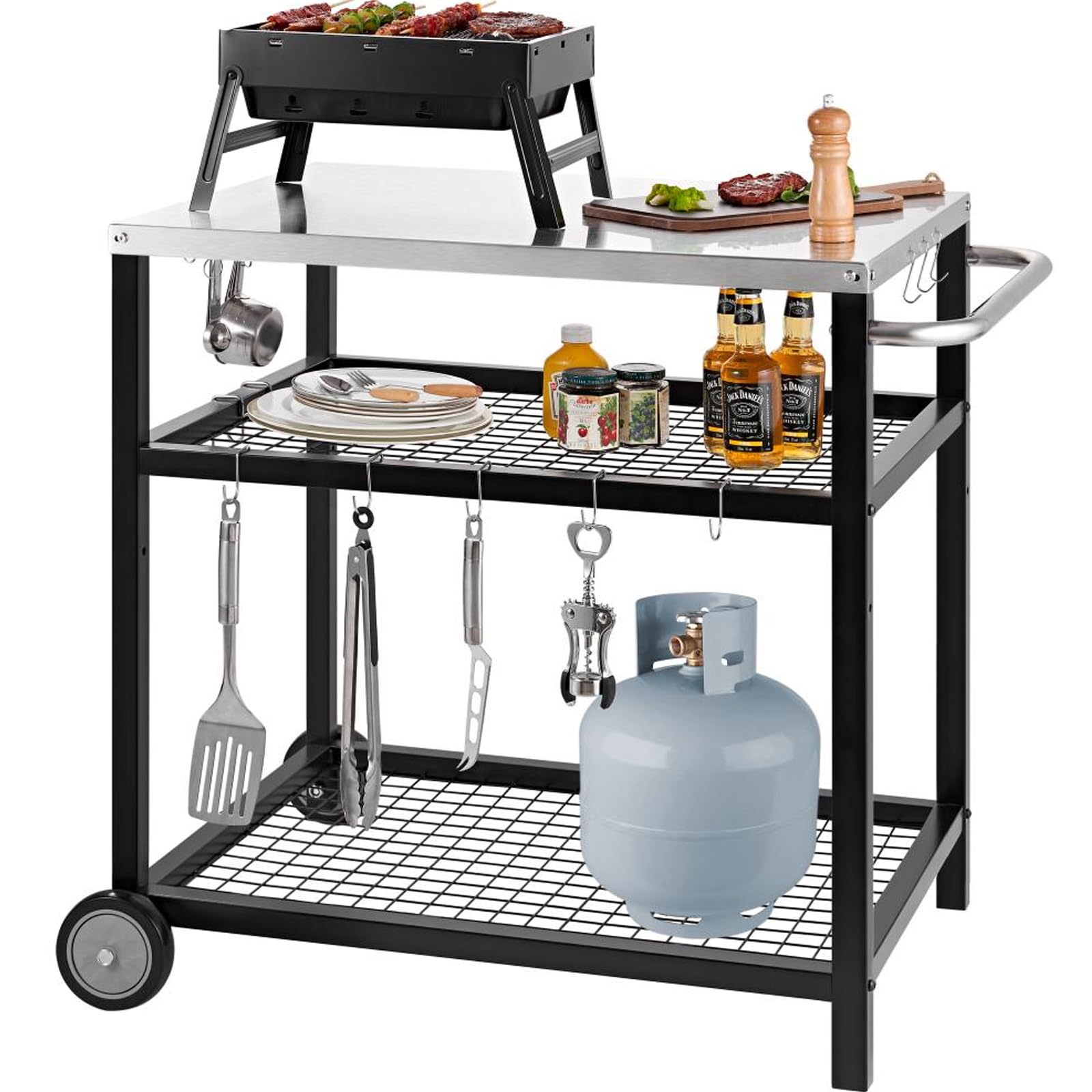 WEASHUME Stainless Steel Grill Cart Pizza Oven Stand Trolley Table with Wheels Pizza Cart Three-Shelf Movable Food Prep Work Dining Table with