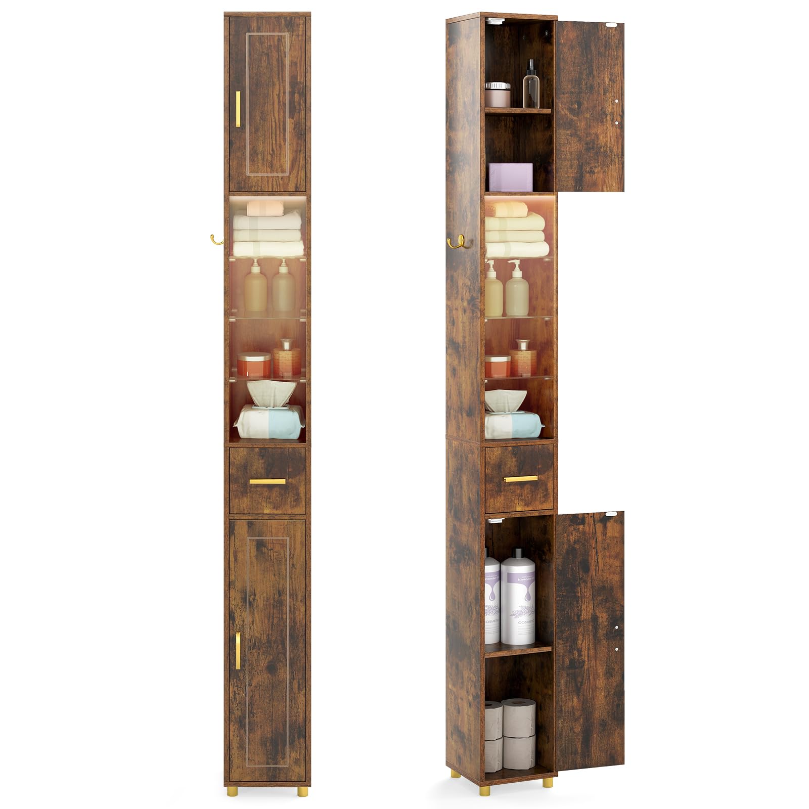COSTWAY Tall Bathroom Cabinet, 3-Color LED Lights Slim Bathroom Storage Unit with 2 Doors, Drawer and Adjustable Shelves, High Freestanding Narrow Floor Cupboard Organizer, 20x20x180cm (Rustic Brown)