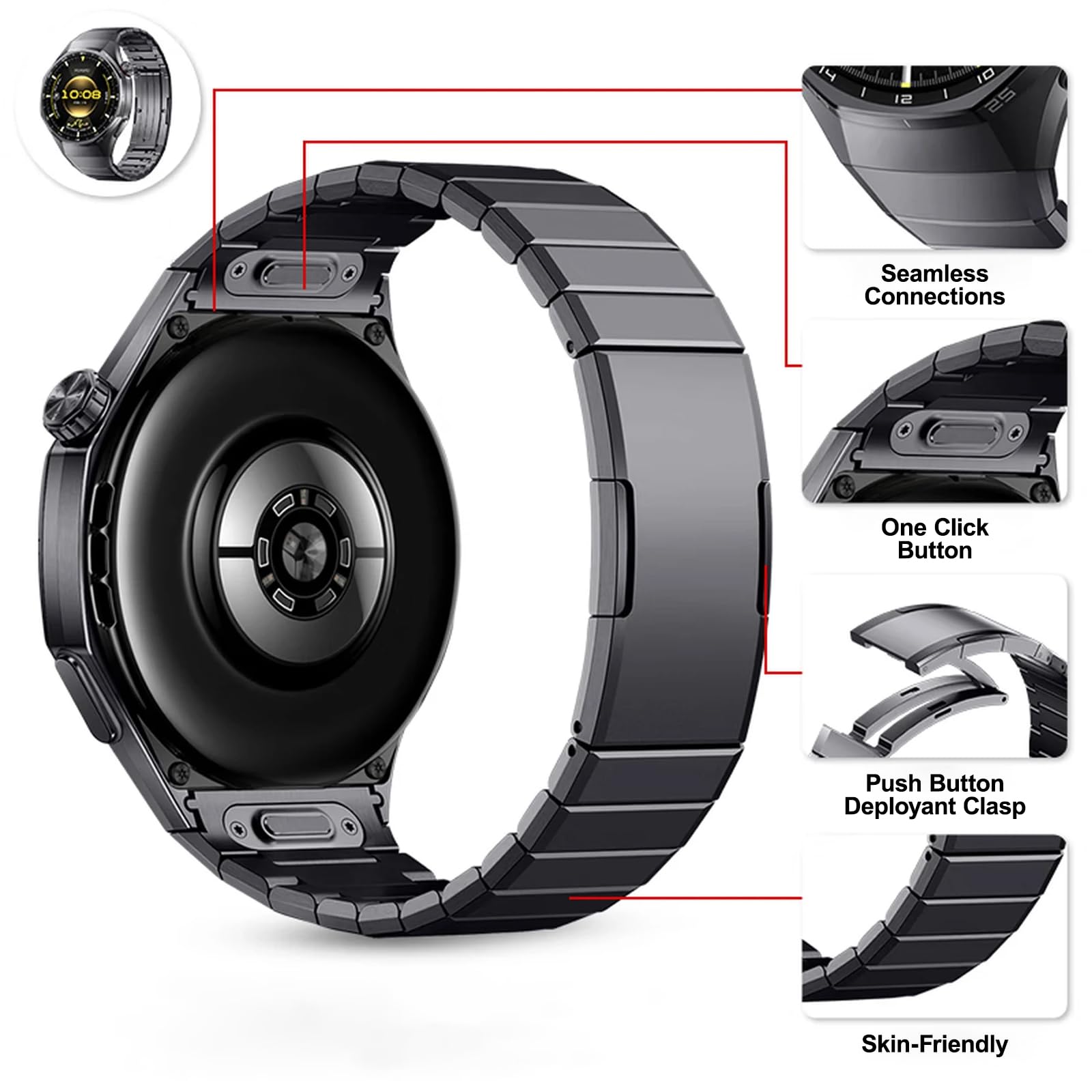 Cinturino in Titanio per Huawei Watch GT6 Pro 46mm, Rivestimento DLC, Fibbia a Scatto - Leggero, Antigraffio, Design Modulare per Huawei GT6 Pro 46mm
