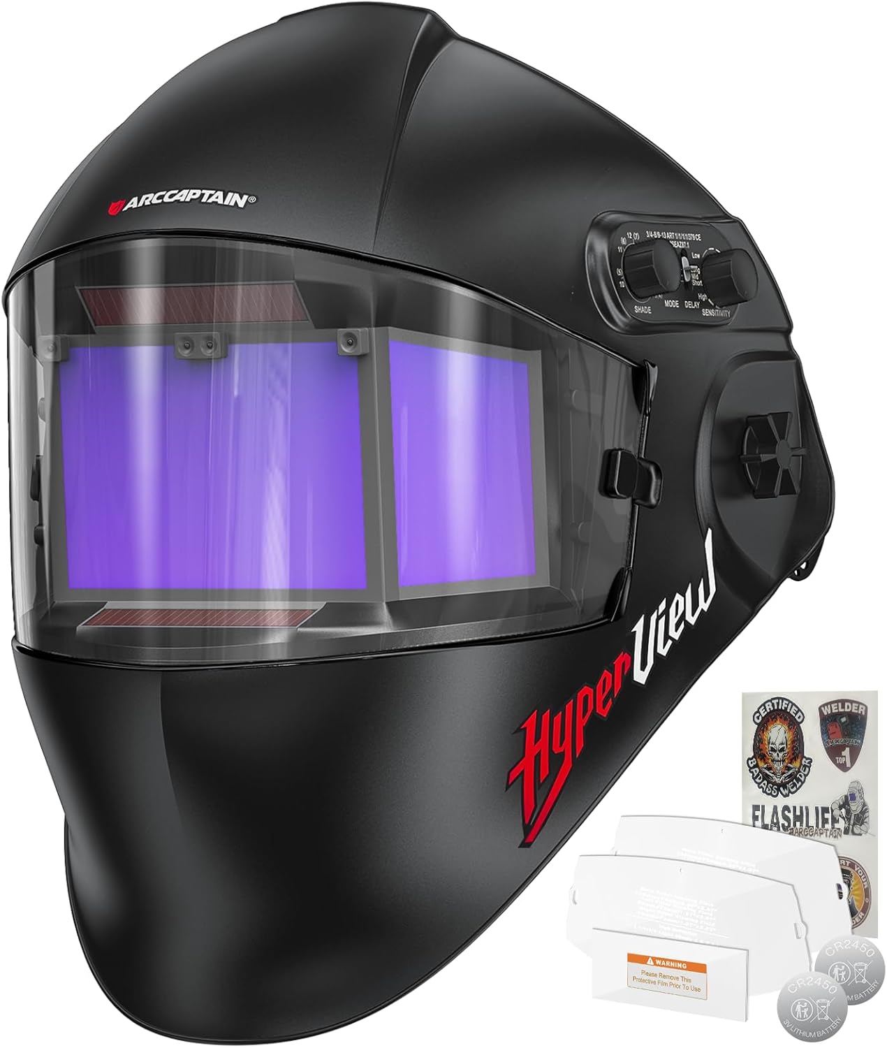 ARCCAPTAIN Welding Helmet Auto Darkening with Side Lens(DIN3/13), 180° Panoramic View + ARCCAPTAIN 3Pcs Large Viewing Screen Outer Replacement Lens and 2Pcs Inner Replacement Lens