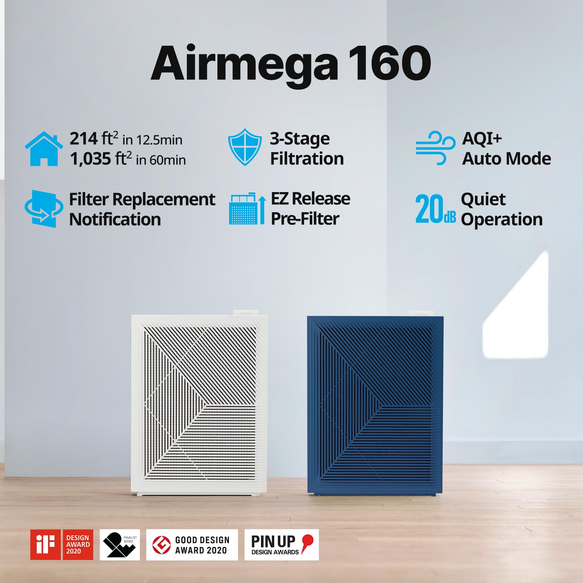 Coway Airmega 160 True HEPA Purificatore d'aria con monitoraggio della qualità dell'aria, modalità automatica, indicatore di filtro, bianco tortora