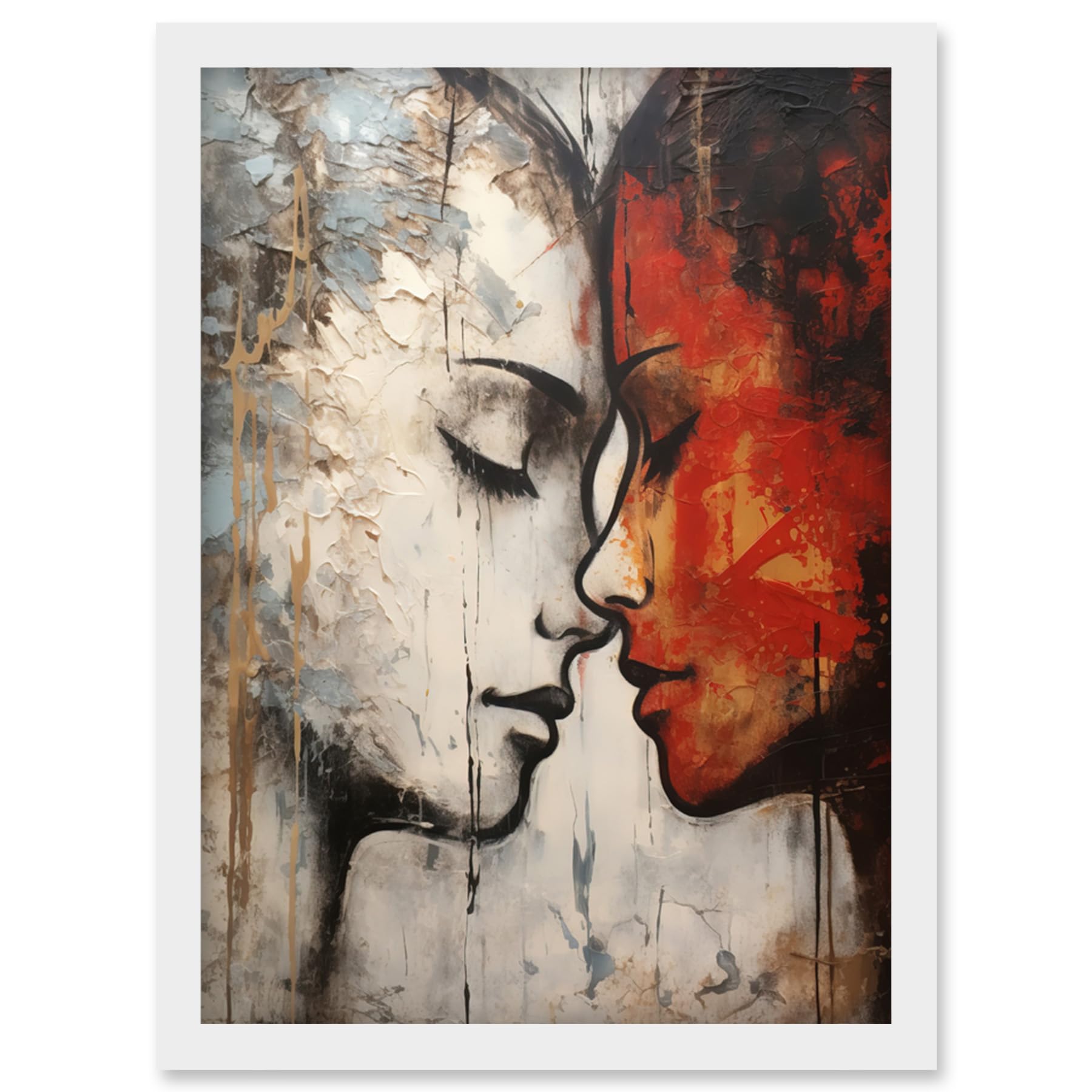 Artery8 Affection Thick Paint Oil Painting Red Bold Blue Gay Lovers Emotional Connection Women Love Lesbian Artwork Framed Wall Art Print A4