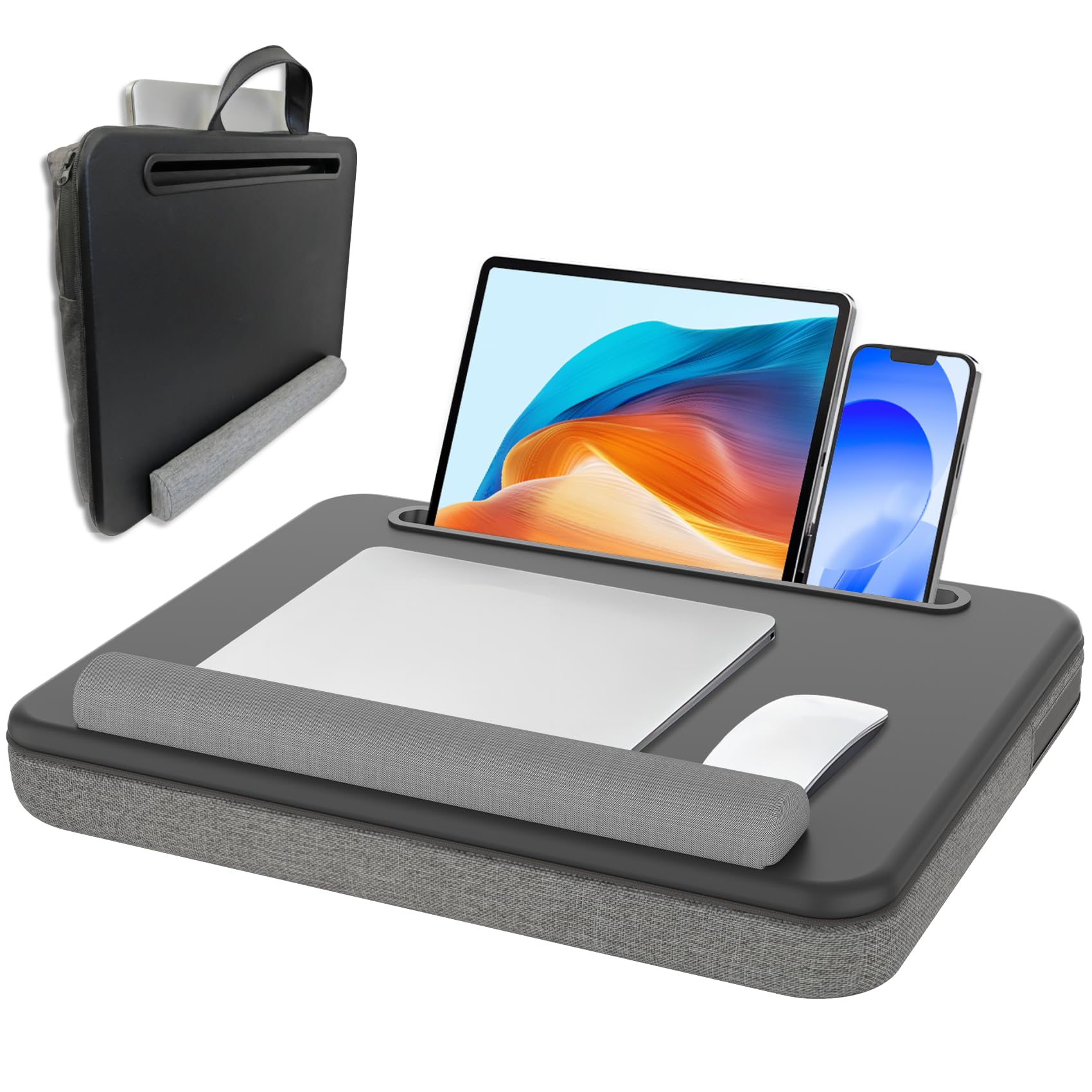 Lap Desk - Portable Laptop Desk Fits up to 15.6 inch Laptops, Wrist Pad, Storage Function, Tablet & Phone Holder, Laptop Stand for Home Office Study(Black & Light Gray)