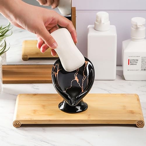Miniatura 4 de WHJY Bandeja para jabón de mármol, forma de hoja pequeña, color negro, para baño y cocina