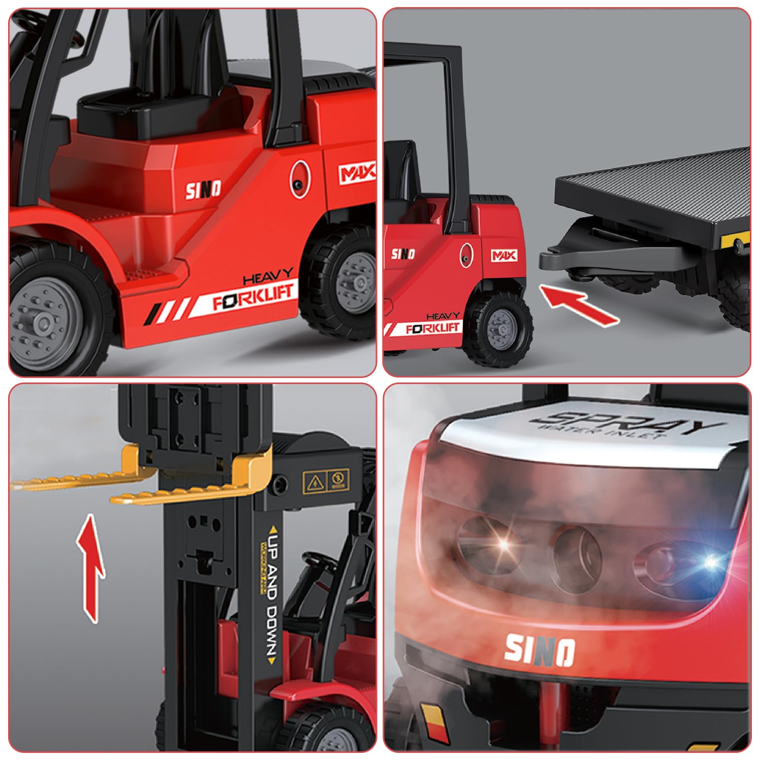 Mostop Carretilla elevadora RC con placa de soporte de construcción,Carretilla elevadora teledirigida 1/24 con cajas/sonido y spray de luz,Dos baterías recargables y cargador,Regalos para niños y