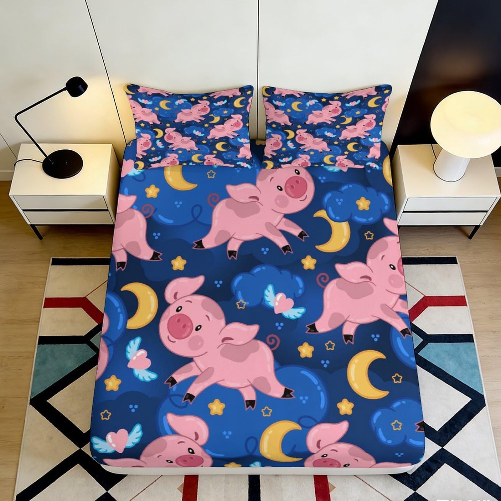 3D Printed Cartoon Pig Moon Fitted Sheet Microfiber Soft Mattress Cover for All Ages Bedroom Dorm Decor 90x200x25cm
