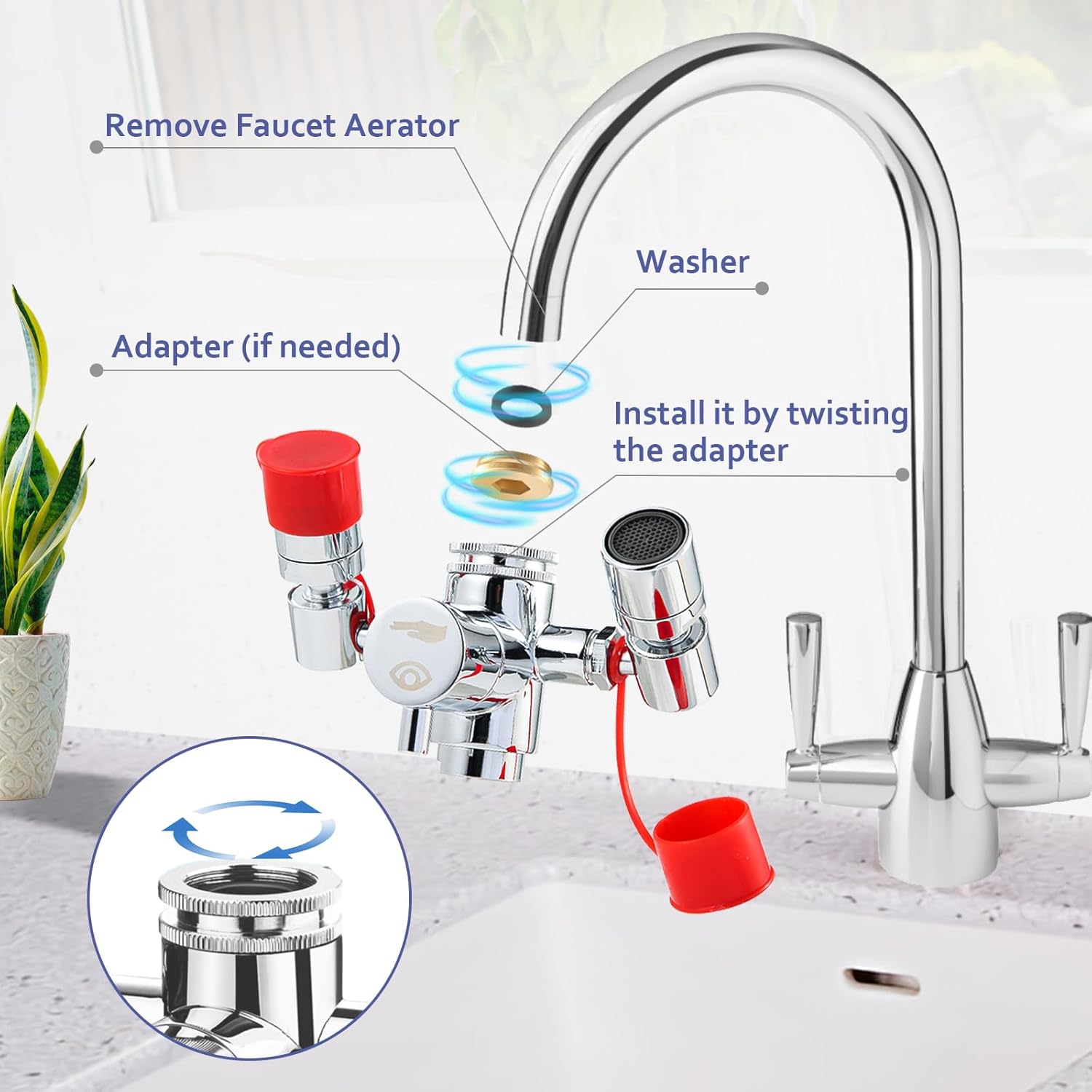 Eye Wash Station with Multi-Angle Rotating,Faucet Mounted Emergency Eye Wash Station Sink Attachment,Continuous Flow Eyewash Kit with 4 Common Sink Adapters,Inspection Tags,Emergency Eyewash Unit Sign