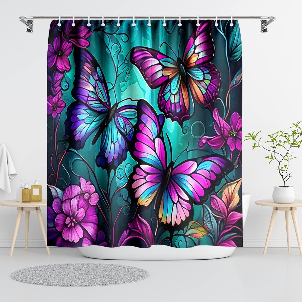 Reateforin Butterfly Shower Curtains with Hooks,Purple