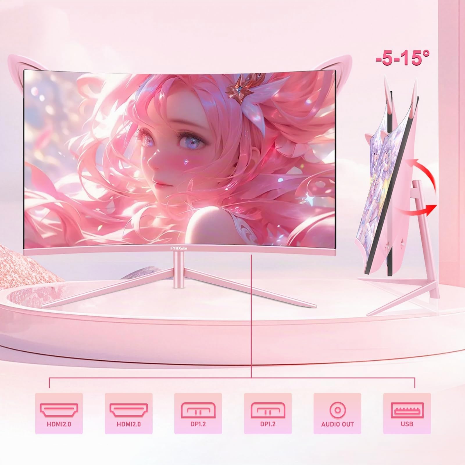 FYHXele Monitor Curvado, 27 Pulgadas, Velocidad 165 Hz, 1800R,VA 3000:1, 1ms, Tecnología AMD FreeSync,Inclinación Ajustable(1920x1080, 300cd/m² VESA, DP,USB, HDMI) Rosa