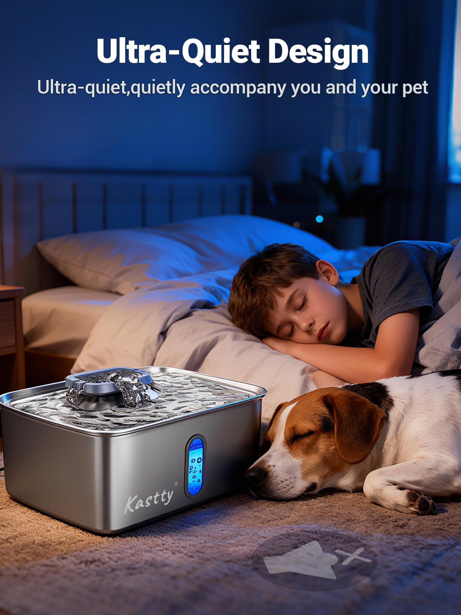 Kastty Fuente de agua para perros de acero inoxidable de 15 litros, dispensador de cuenco de agua para perros de gran capacidad, luz LED silenciosa, triple filtración, sin BPA, fuente de agua