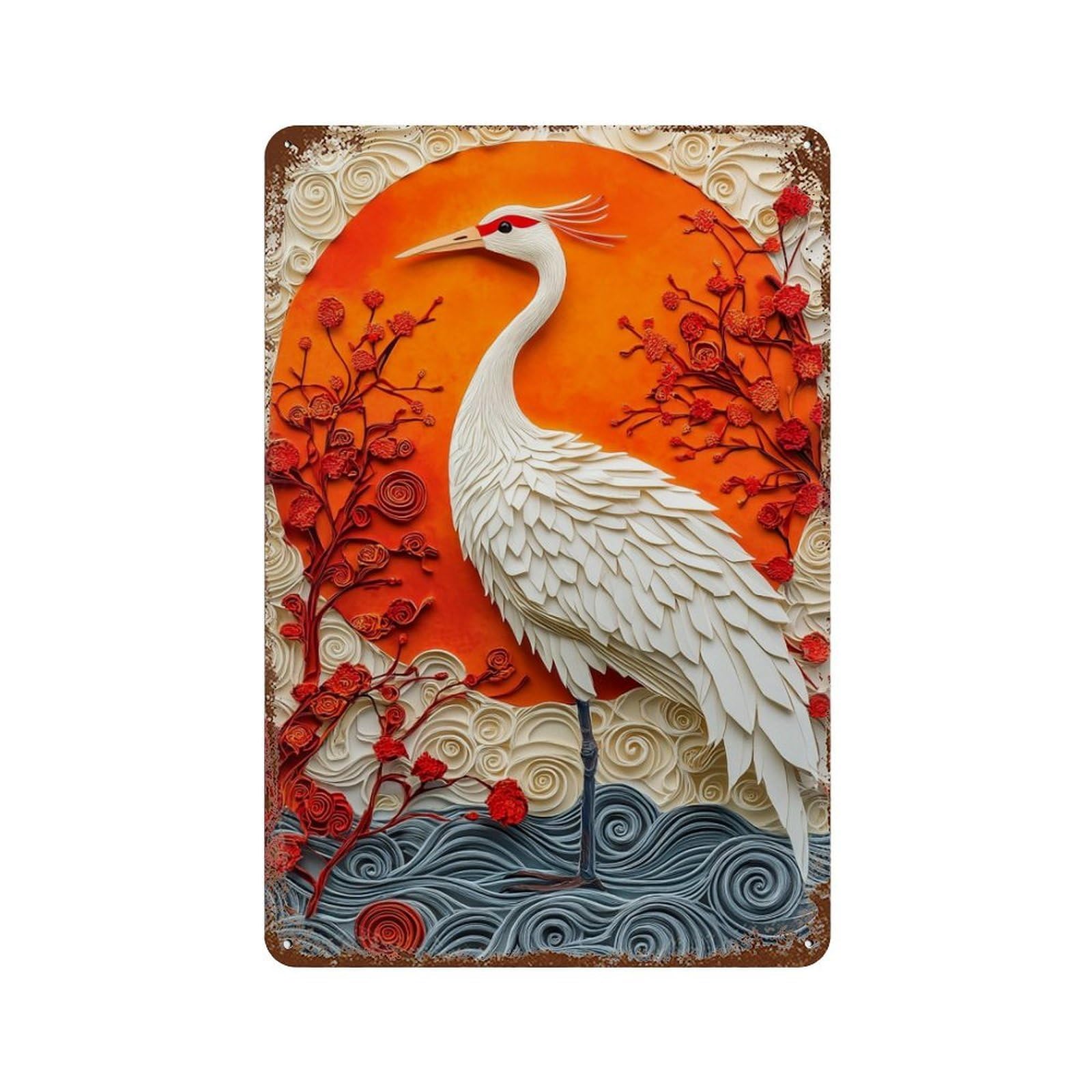 Garage Style Japanese Crane Art Print Distressed Metal Wall Sign 11.8"x7.9", Shabby Chic Decor for Bar And Workshop