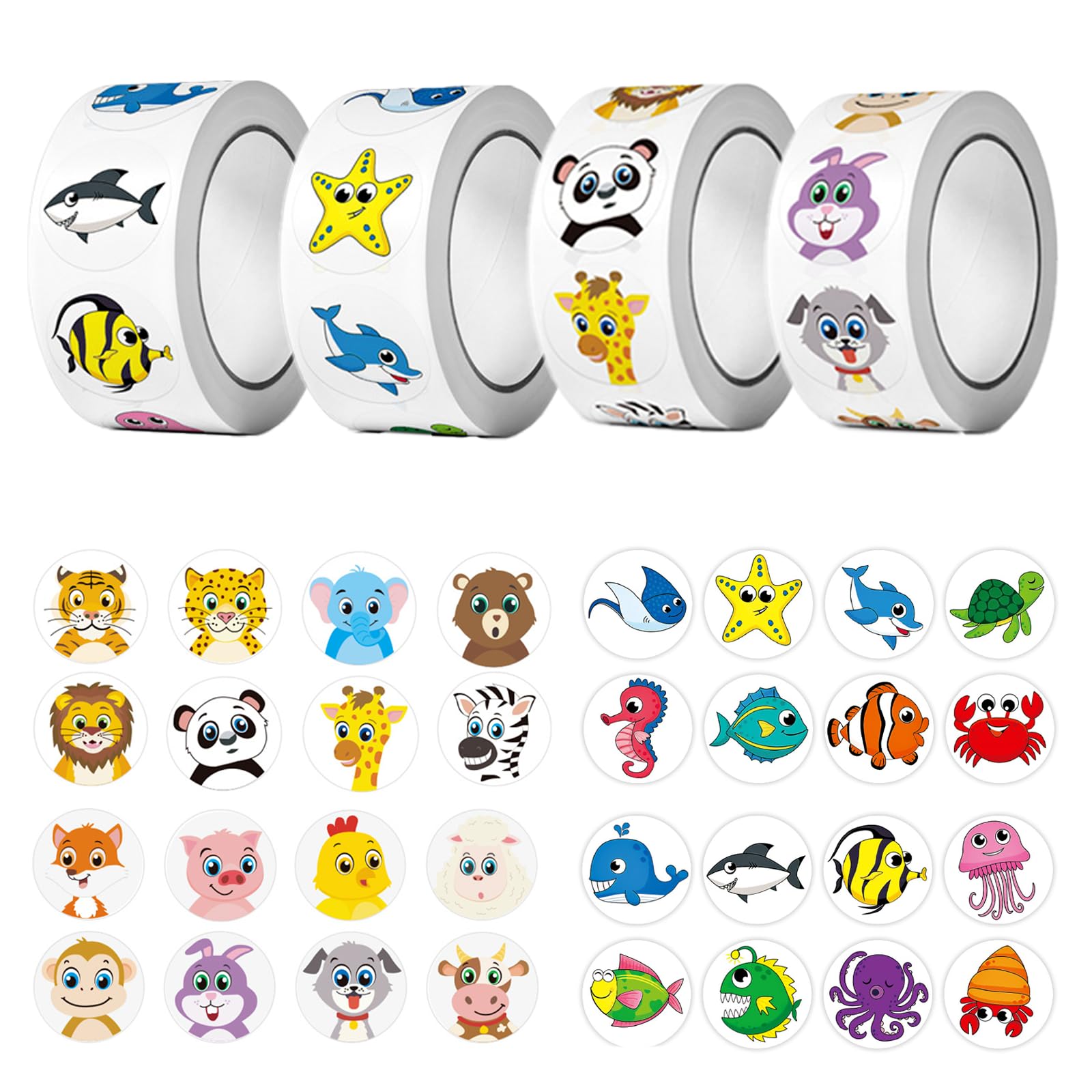 2000 PCS BMYUK Round Animal Stickers Reward Stickers for Kids Teacher Motivational Sticker Self-Adhesive Cartoon Lovely Fun Wild/Farm/Marine Animal for School Classroom Home 4 Rolls