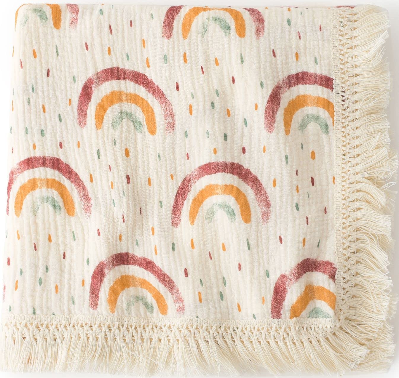 Cotton Baby Muslin Tassles 40"x 47", Baby Receiving Blanket with Fringe, Boho Muslin Swaddle Blanket with Fringe- Rainbow Shooting Star