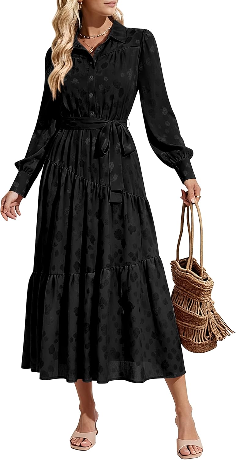 dowerme Women's Casual Dresses 2025 Fall Fashion Long Sleeve Button Up Floral Print Belted Tiered Boho Maxi Party Dress