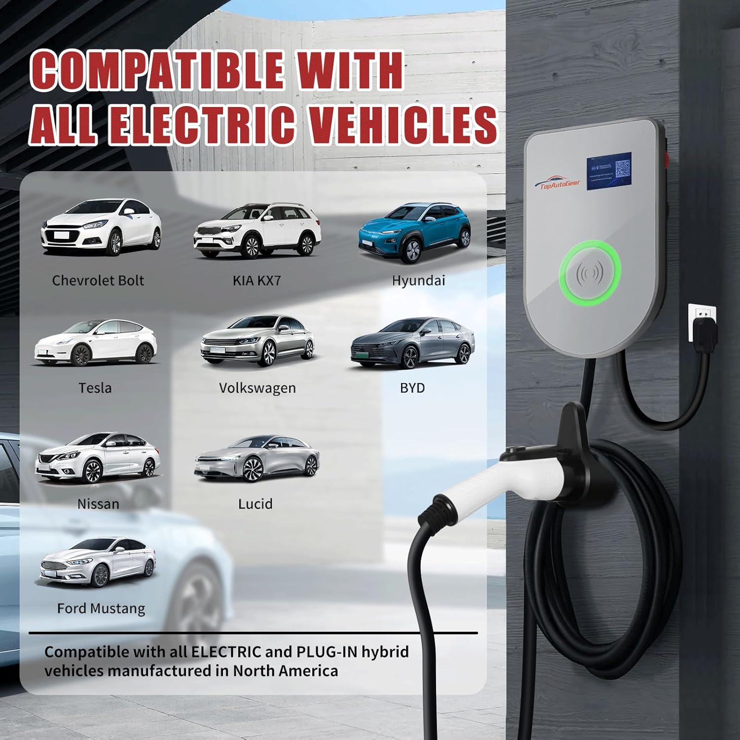 Level 2 Wireless EV Charging Station with App Monitoring 48A 25FT Cable, NEMA14-50 Plug, Indoor/Outdoor Universal Fast Electric Car Charger with 2 RFID Cards