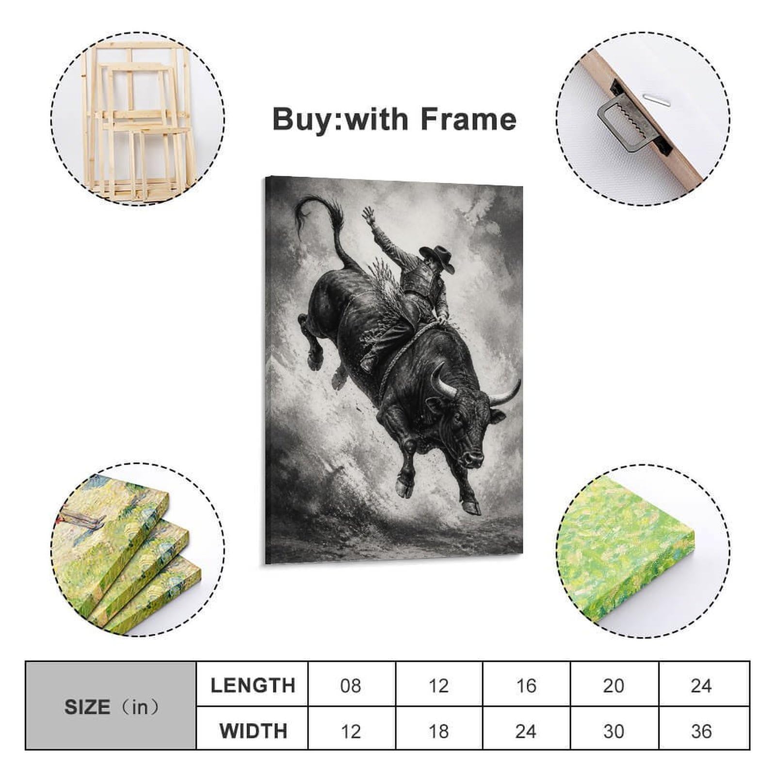OKAHYS Impression sur toile style rodéo Bull Rider monochrome à contraste élevé - Décoration murale idéale pour famille, cave, salle de jeux, chambre de garçons et de filles - 60 x 90 cm