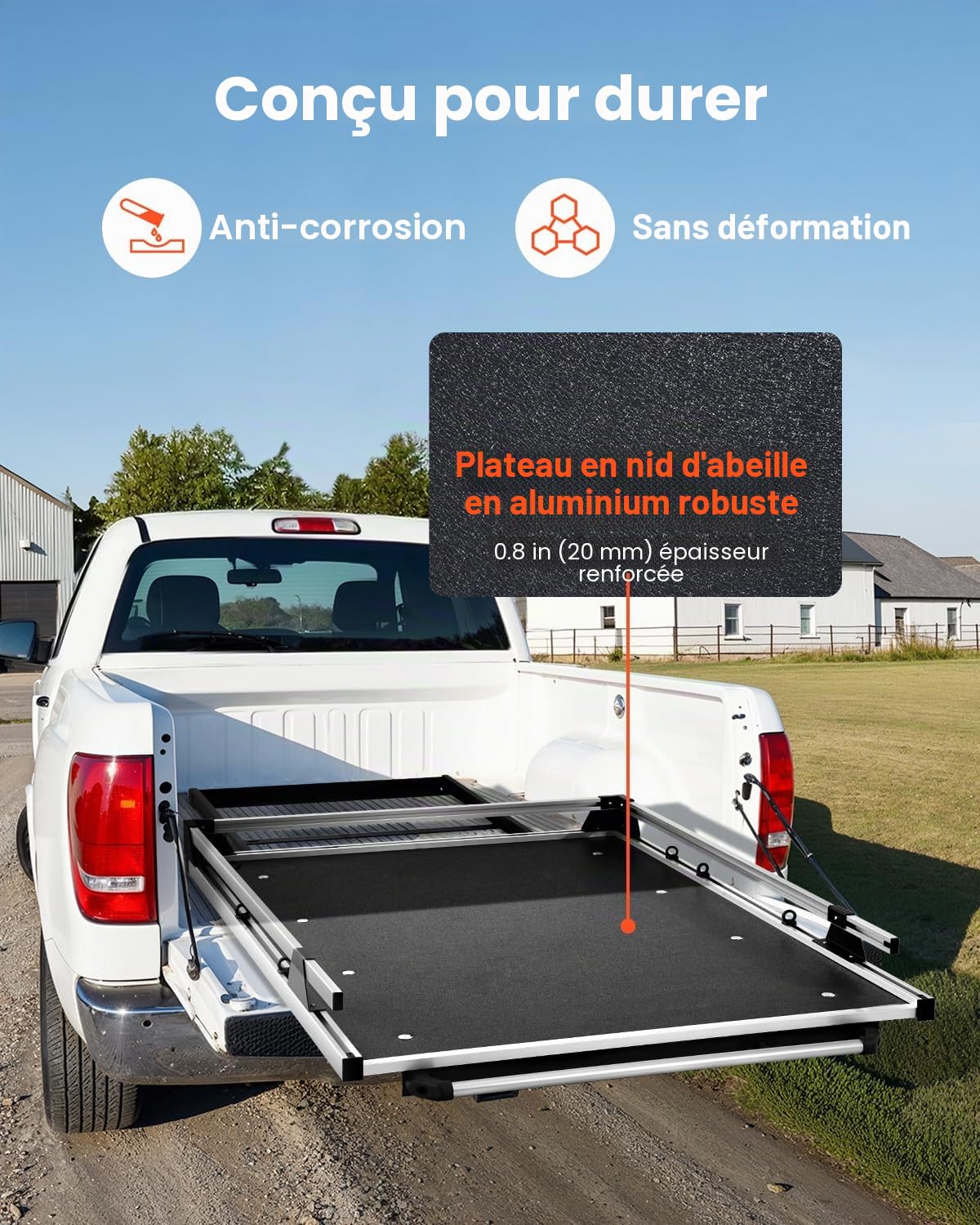 VEVOR Organiseur de lit Coulissant pour Camion, 1727 x 1220 mm, tiroir de Rangement Robuste pour Caisse de Camion, 453,6 kg, avec 6 Anneaux Mobiles de Fixation, Plateau Coulissant 2 Positions, Noir