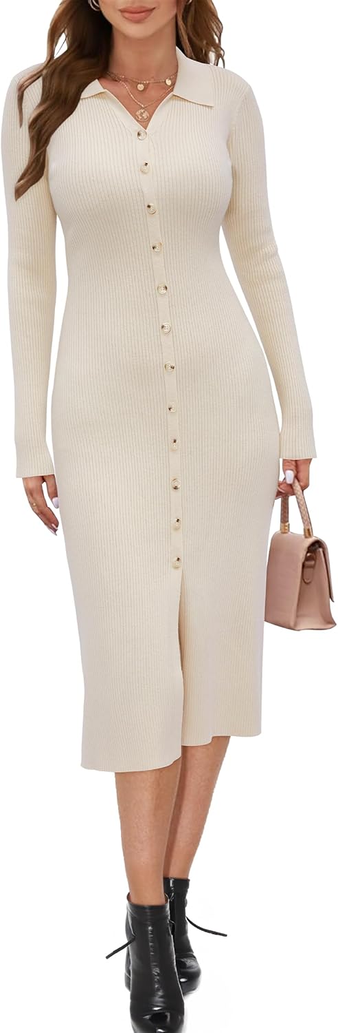 Newshows Womens Sweater Dress Fall Teacher Oufits 2025 Long Sleeve Business Casual Bodycon Split Ribbed Knit Midi Dresses - Image 6