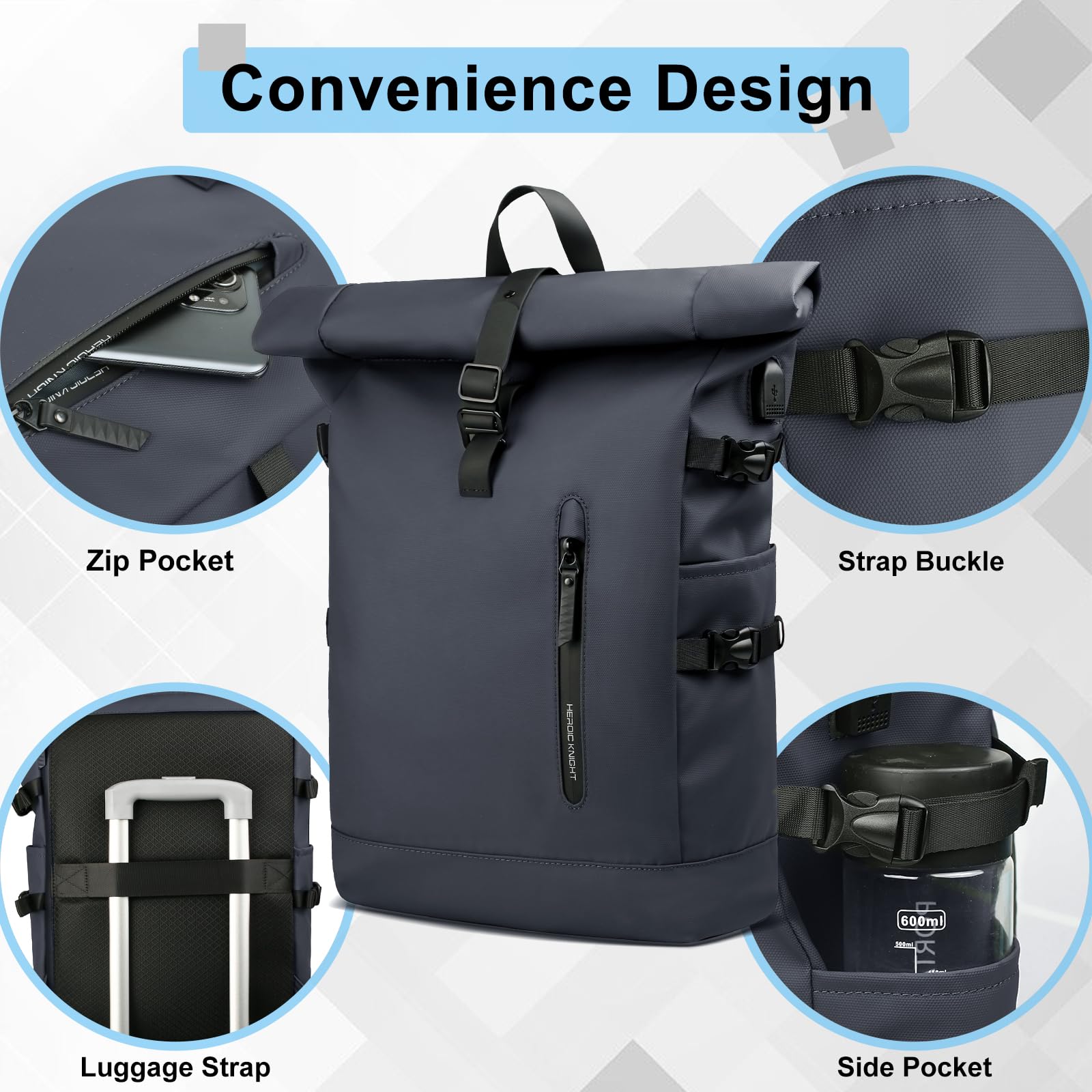 Sac à dos avec dessus enroulable pour ordinateur portable de 39,6 cm pour homme et femme