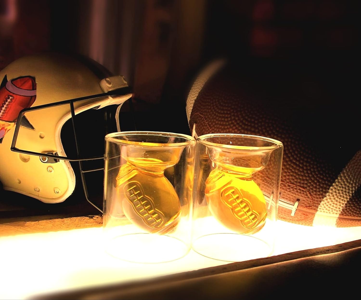 Set of 4 - Football Reversible Shot Glasses 2Oz / 4.5Oz, with 3D relief Football Ball Shape inside - (Modern)