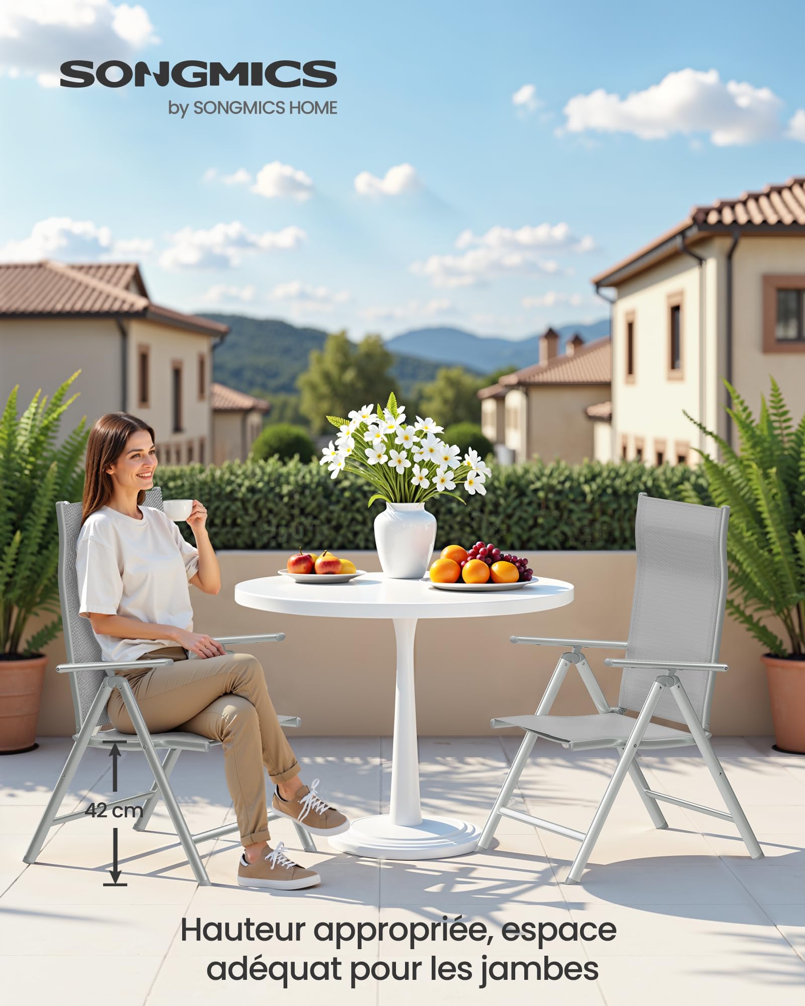 SONGMICS Chaise de Jardin Pliable, Siège d’Extérieur, Cadre en Métal, Dossier Réglable sur 8 Positions, Capacité de Charge 150 kg, Gris GCB02GY