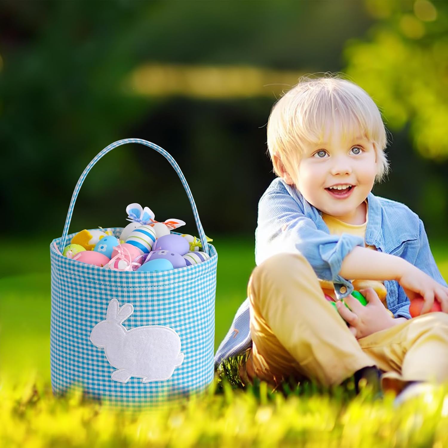 Bunny Easter Basket, Classic Gingham Easter Bucket Bag for Easter Egg Hunts Party Favor Decorations(Blue)