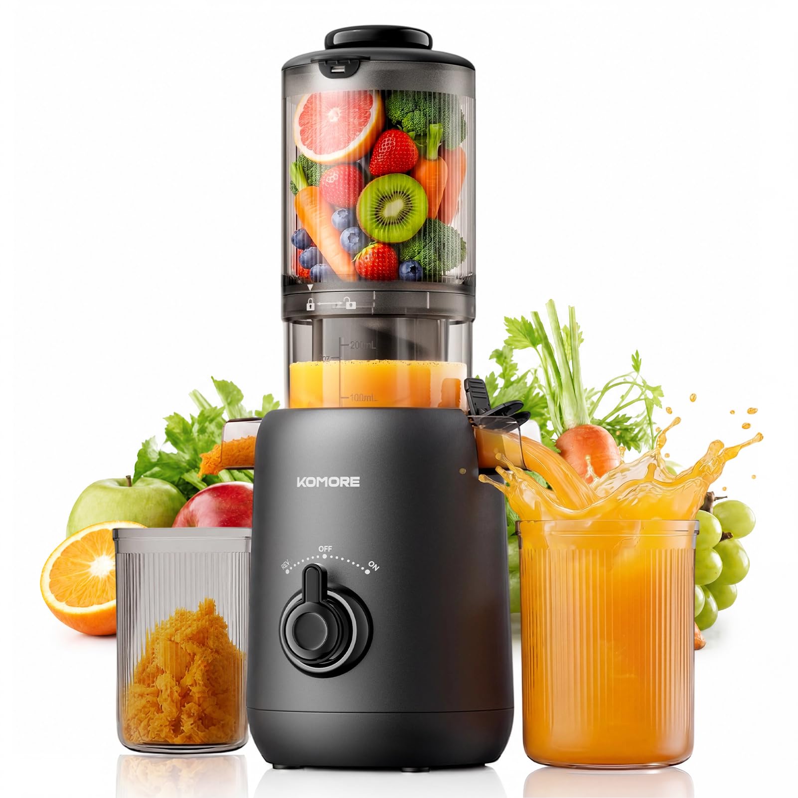 KOMORE Cold Press Juicer Machines, 110MM Chute, Whole Fruit Juicer, Black