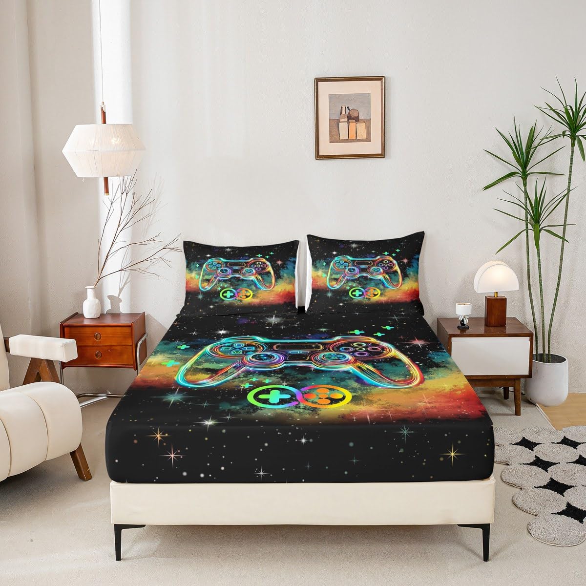 Kids Gamer Fitted Sheet Queen Size Gaming Bed Sheet Set for Boys Girls Teens Bedroom Decor Modern Game Console Controller Bedding Set Breathable Soft Lightweight Microfiber 3Pcs