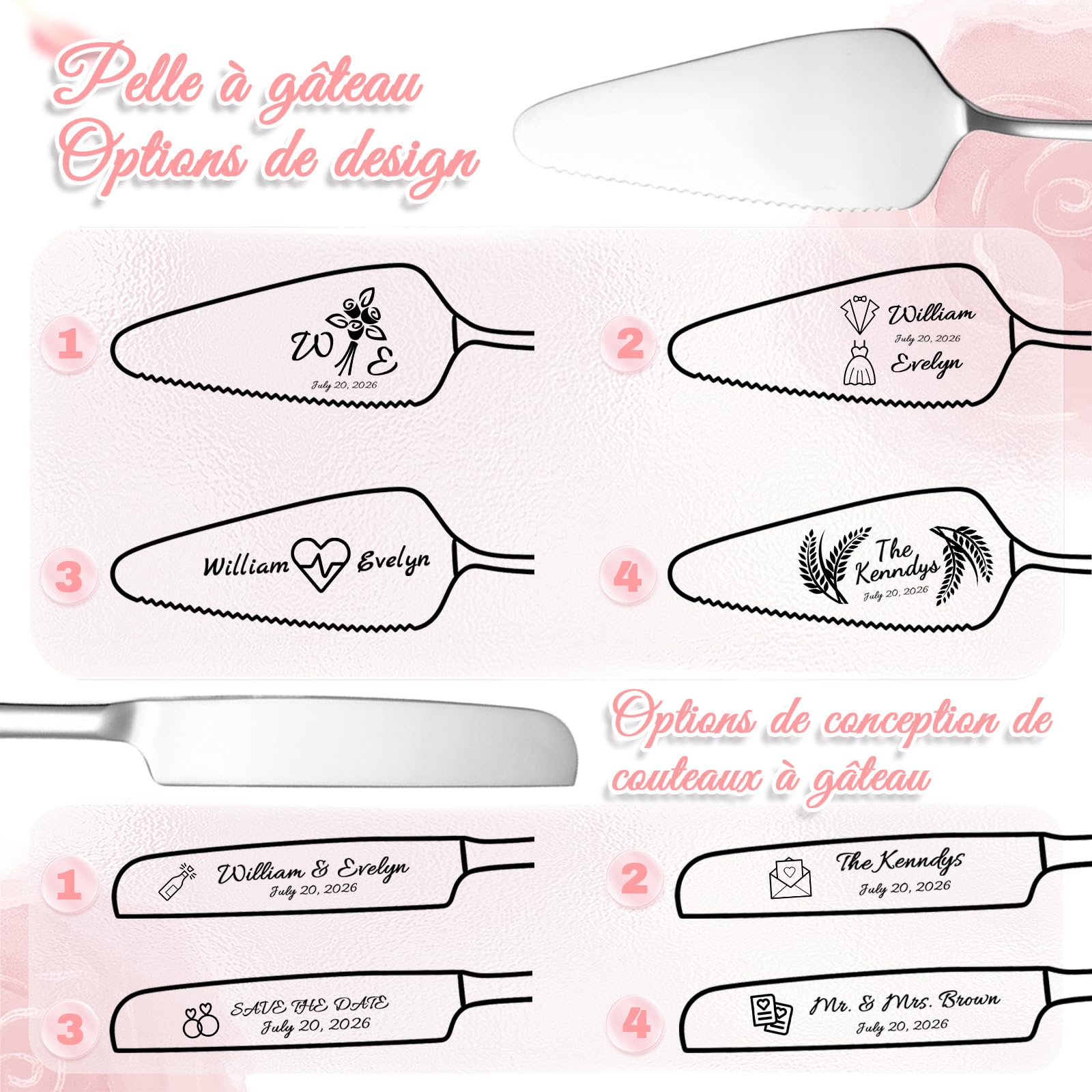 Couteau et Pelle à Gâteau de Mariage Personnalisé – Ensemble Couvert Témoin en Acier Inoxydable avec Gravure Originale – Idéal pour Anniversaire, Da (Noir)