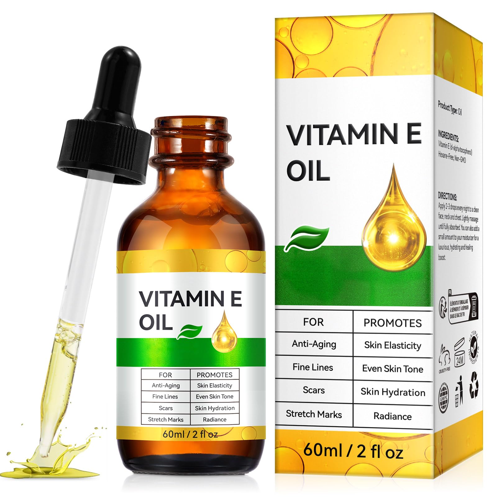 - Vitamin E Oil, Pure Vitamin E Oil for Skin, Scars, Nails and Scalp, Hydrating Dry Skin, Face and Body Moisturizer, Reduce Stretch Marks, Fine Lines & Wrinkles, 2Fl Oz