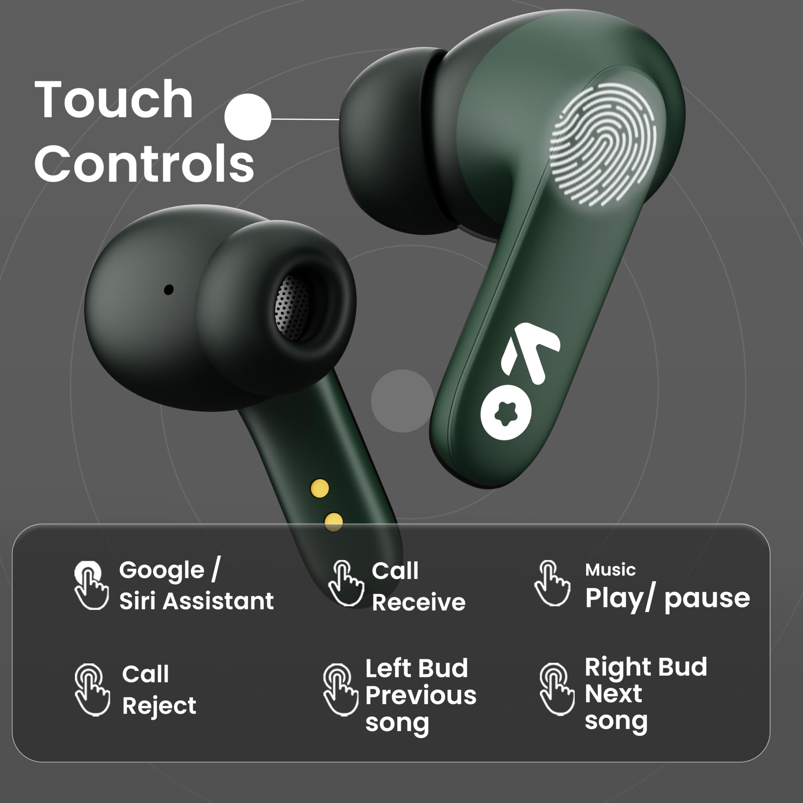 GOBOULT Y1 Ear Buds Wireless with 50Hr Playtime, Clear Calling ENC Mic, Low Latency Made in India, Gaming, 10mm Bass Drivers Earbuds Buds TWS Bluetooth (Black) (Green) — Amazon image 6