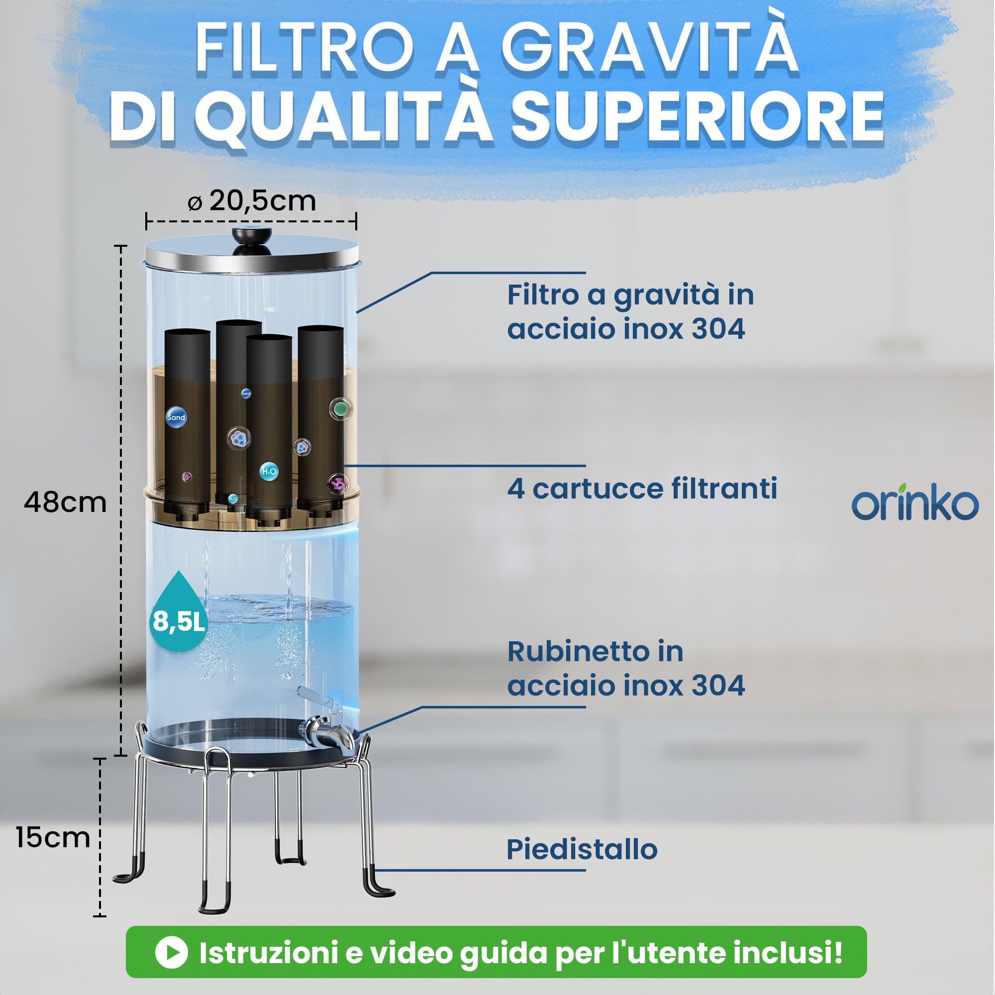 ORINKO Filtro acqua per gravità 8,5 litri con 4 cartucce, purificatore d'acqua con carbone attivo, fontana filtrante per acqua del rubinetto, acqua piovana e altro, filtro avanzato