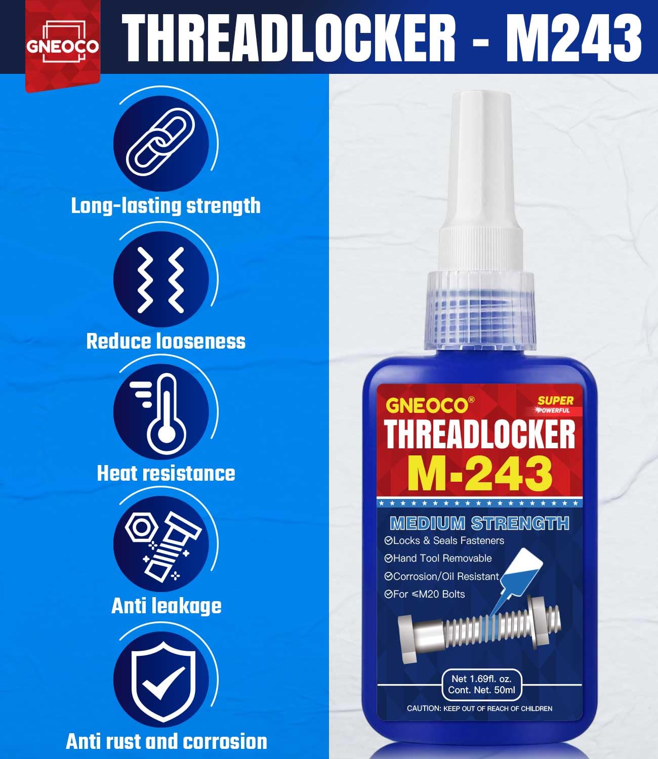 ThreadLocker Blue, Thread Lock Medium Strength Lock Tight for Nuts, Bolts, Fasteners and Metals, Anaerobic Curing Metal Glue to Prevent Loosening and Corrosion (M243-50ml)